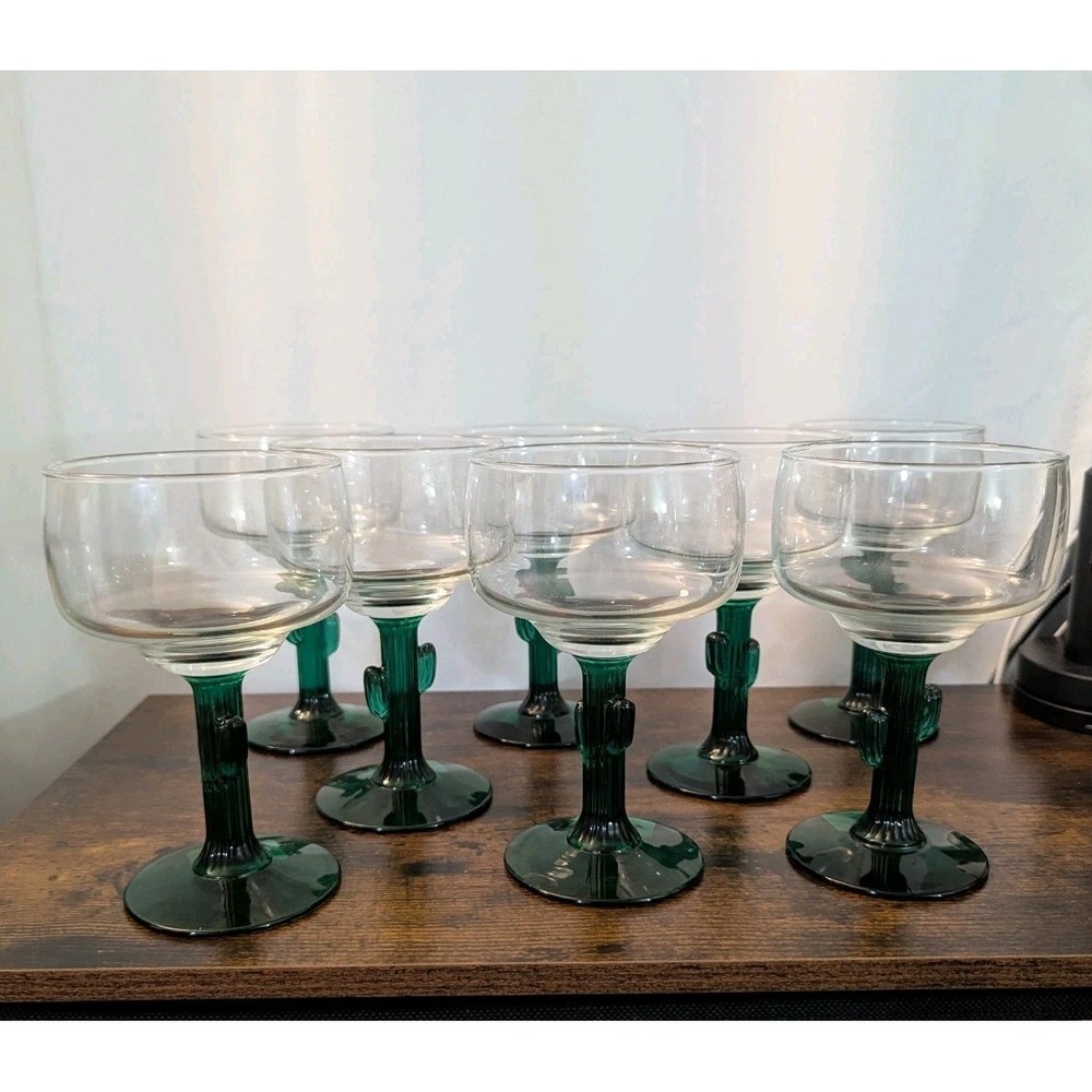 Libbey Cactus Margarita Glasses Set of 8 Green Stem Clear Bowl Southwest